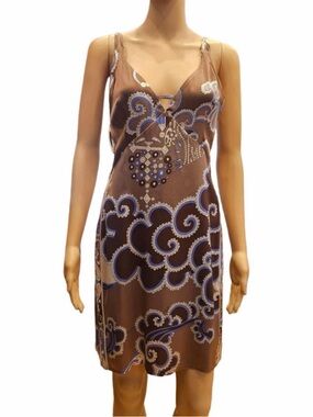 Emilio Pucci Brown Satin Printed Slip with Blue Paisley Motif Rare Beauty
